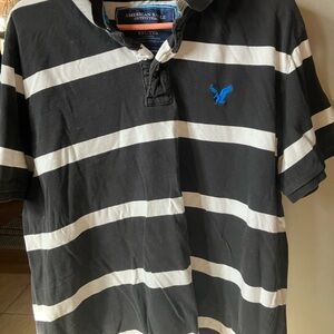 American Eagle Black and White Striped Polo